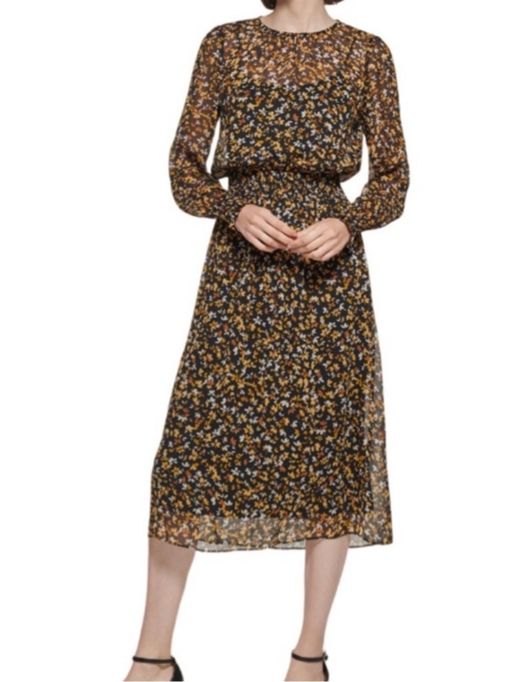 Tommy Hilfiger Long Sleeve Midi Dress Chiffon Ditsy Floral Black Tan Size 10